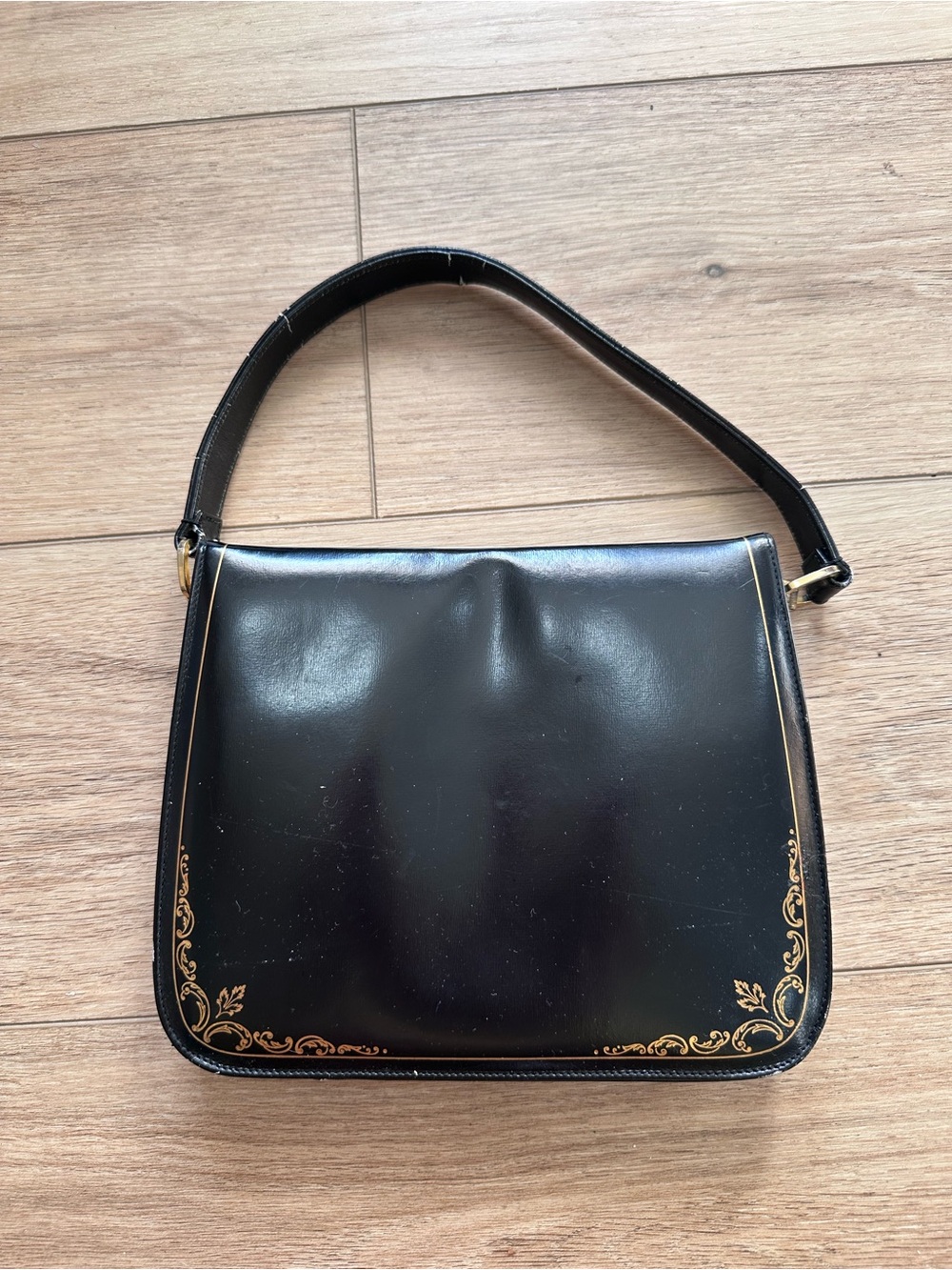 Vintage 60s Black Shoulder Bag with Gold Accent
